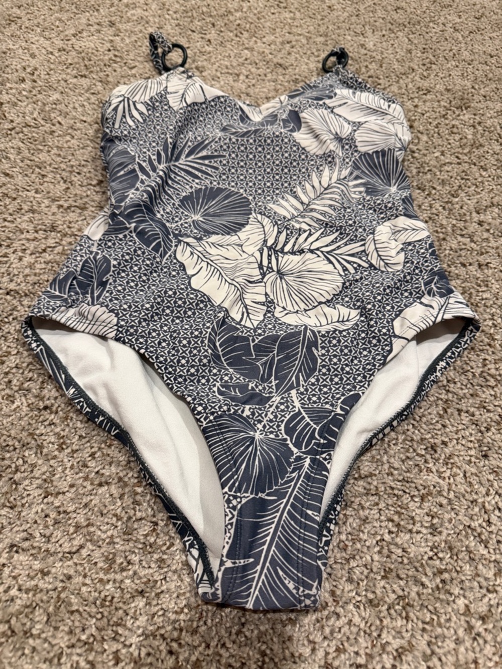 Kona Sol Navy and White Tropical Leaf One-Piece Swimsuit